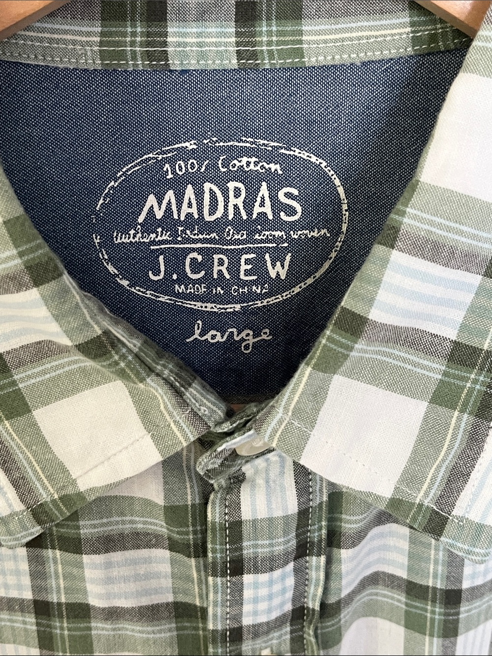 J.Crew Madras Plaid Button Front Shirt Green White Cotton Men's Large L - Picture 2 of 6